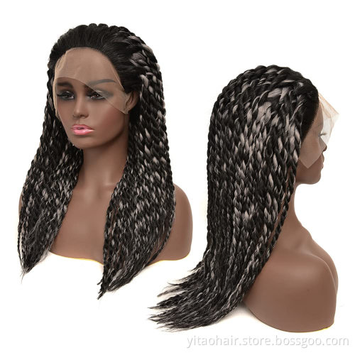 Lace Front Braids Wigs for Black Women Synthetic Hair Senegalese Twist Hand-Braided Wigs Black Blend Silver Grey Long Wig